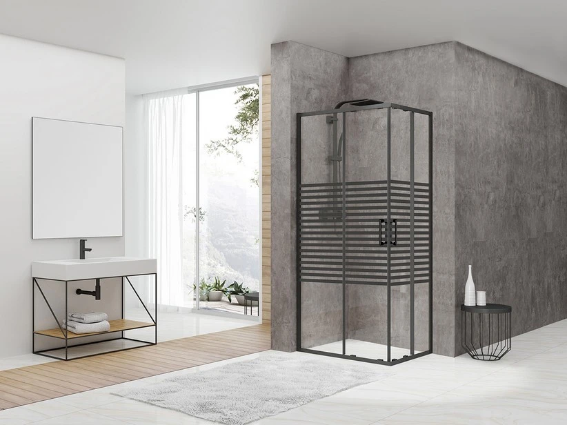 Box Doccia Angolare Arek 80x120 H190 Porte Scorrevoli Cristallo 6 Mm Trasparente Serigrafato Nero Opaco 1 Box Doccia Angolare Arek 80x120 H190 Porte Scorrevoli Cristallo 6 Mm Trasparente Serigrafato Nero Opaco
