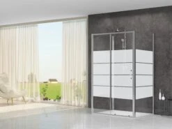 Box Doccia Arek 70x120x70 H190 Porta Scorrevole E 2 Lati Fissi Cristallo 6 Mm Trasparente Serigrafato Cromo